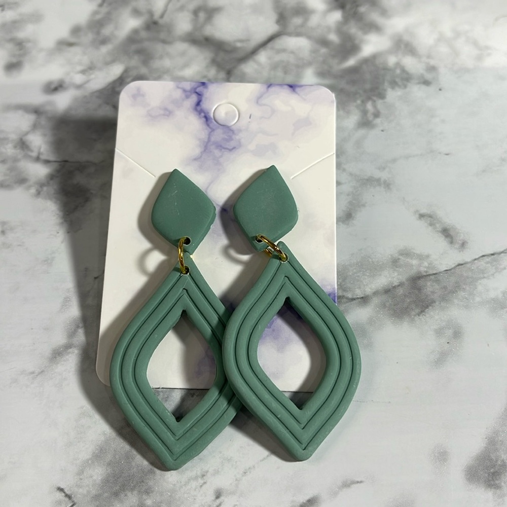 Handcrafted Dangle Teardrop Earrings in Sage Green with Gold Accents